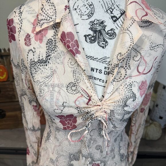 The Limited Y2k 100% Silk Sheer Retro Floral Long Sleeve Blouse Sz M Coquette - Picture 2 of 9